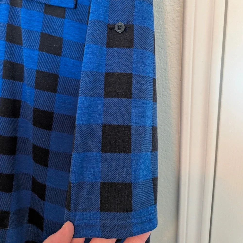 Ninedaily Blue Black Buffalo Plaid Quarter Zip Roll Tab Sleeve Tunic Top 2XL